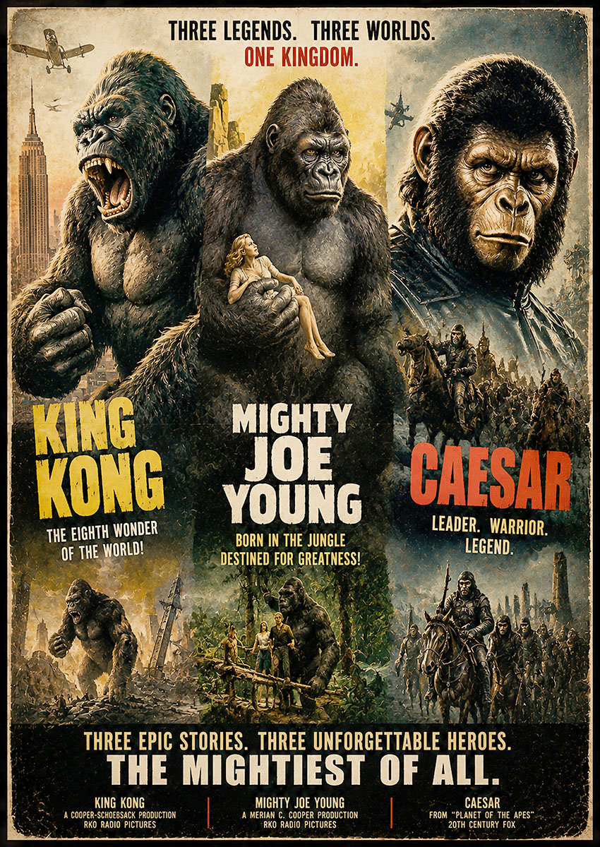 Vintage style movie poster artwork featuring King Kong, Mighty Joe Young, and Caesar